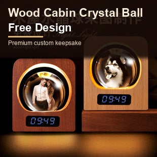 Wood Cabin Crystal Ball with custom photo and LED clock